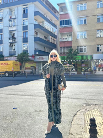 BİÇOMİ Siyah çizgi desenli elbiseli hırka triko takım haki