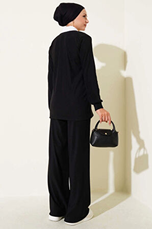 BİÇOMİ Gömlek Yaka Fitilli Salaş İkili Takım siyah T4300