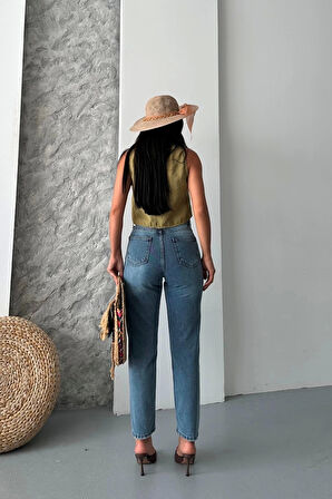 BİÇOMİ Mom fit kar yıkama bıyık detaylı jeans pantolon d2006