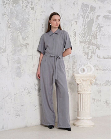 BİÇOMİ Kuşaklı gömlek yaka salaş tulum gri s255822