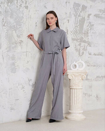 BİÇOMİ Kuşaklı gömlek yaka salaş tulum gri s255822