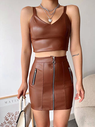 BİÇOMİ Üç fermuarlı deri etek kahve s24510