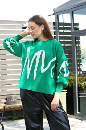 BİÇOMİ Beyaz çizgili bisiklet yaka kazak yeşil