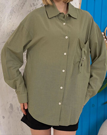 BİÇOMİ Relax fit keten gömlek haki s255349