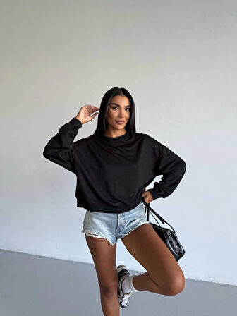 BİÇOMİ 2 iplik bisiklet yaka sweat siyah f2339