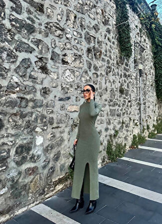 BİÇOMİ Yırtmaçlı kalın bürümcük uzun elbise Yeşil