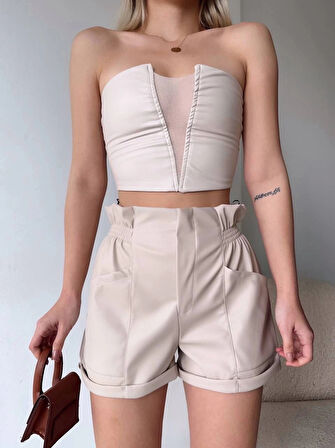 BİÇOMİ Tüllü deri crop bej w24615