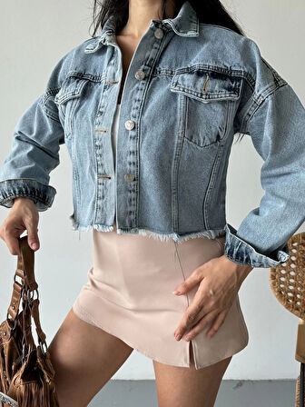 BİÇOMİ Çift kapaklı püsküllü crop buz mavi d2002