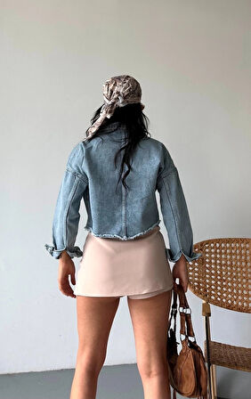 BİÇOMİ Çift kapaklı püsküllü crop buz mavi d2002