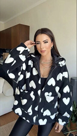 BİÇOMİ Kalpli peluş ceket içi astarlı siyahbeyaz