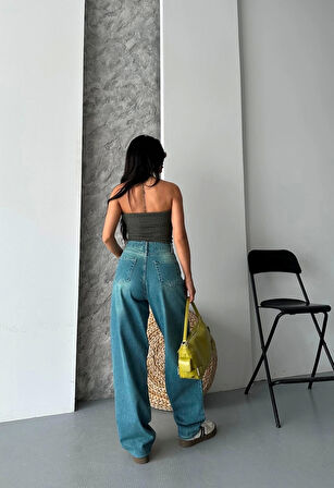 BİÇOMİ Baggy taş enzim bıyık yıkama jeans pantolon yeşil tint d2007