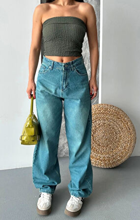 BİÇOMİ Baggy taş enzim bıyık yıkama jeans pantolon yeşil tint d2007