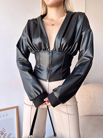 BİÇOMİ Kapşonlu yarım fermuarlı ceket siyah h24116