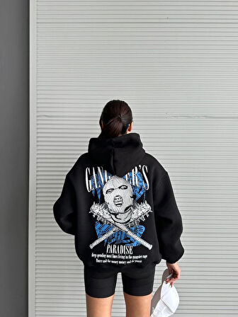 BİÇOMİ 3 iplik şardonlu oversize kafa baskılı sweat siyah