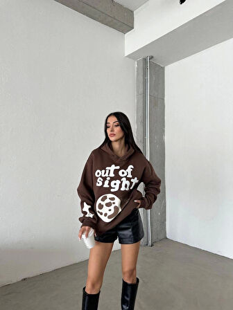 BİÇOMİ 3 iplik şardonlu oversize out of baskılı sweat kahve