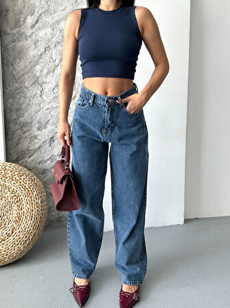 BİÇOMİ Baggy kar yıkama jeans pantolon koyu mavi d2007