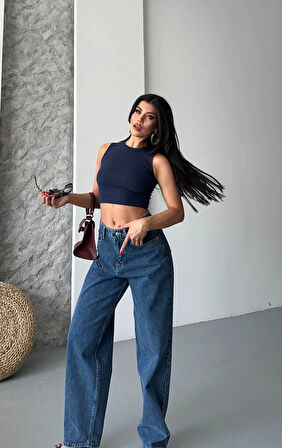 BİÇOMİ Baggy kar yıkama jeans pantolon koyu mavi d2007