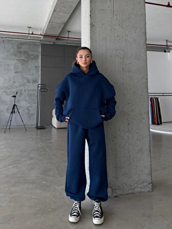 BİÇOMİ 3 iplik şardonlu kapşonlu sweatshirt lacivert p510436