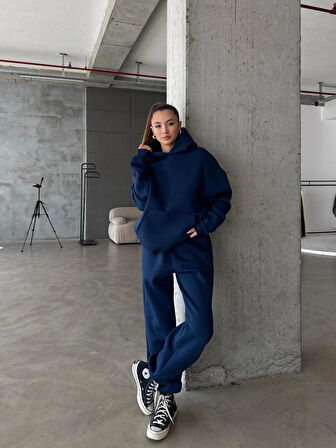 BİÇOMİ 3 iplik şardonlu kapşonlu sweatshirt lacivert p510436