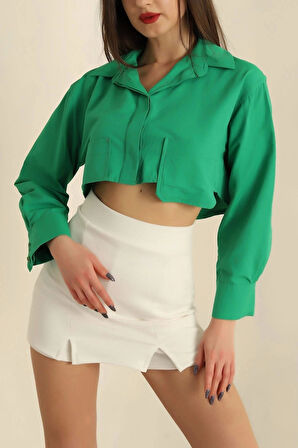BİÇOMİ Poplin crop gömlek yeşil s3060