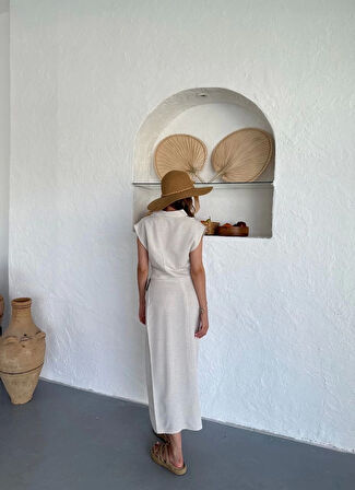 BİÇOMİ Uzun etekli bluz takım keten krem s255852