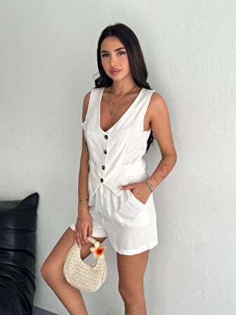 BİÇOMİ Kadın keten şort yelek takım s3461