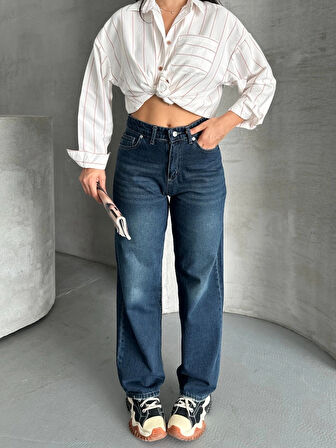 BİÇOMİ Palazzo bıyık enzim yıkama jeans pantolon koyu mavi d2008