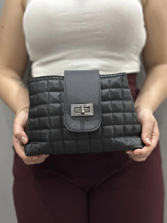 BİÇOMİ Kapaklı kapitone siyah cilt çanta