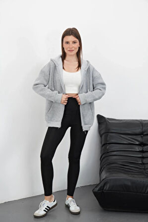 BİÇOMİ 3 iplik şardonlu fermuarlı kapşonlu hırka gri