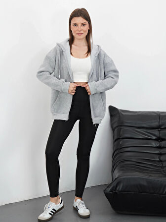 BİÇOMİ 3 iplik şardonlu fermuarlı kapşonlu hırka gri