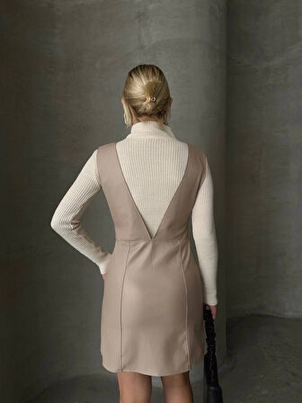 BİÇOMİ Deri jile elbise bej w24796