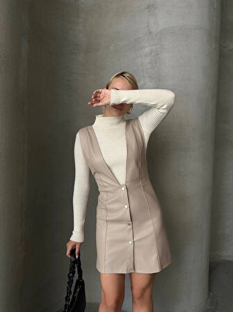 BİÇOMİ Deri jile elbise bej w24796