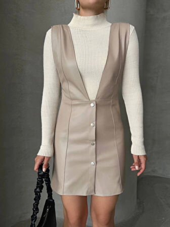 BİÇOMİ Deri jile elbise bej w24796