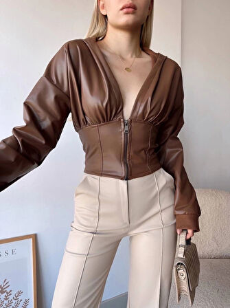 BİÇOMİ Kapşonlu yarım fermuarlı ceket kahve h24116