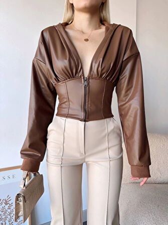 BİÇOMİ Kapşonlu yarım fermuarlı ceket kahve h24116