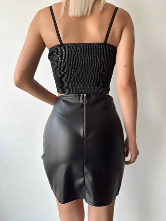 BİÇOMİ Drapeli deri etek siyah w26771