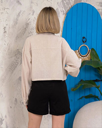 BİÇOMİ Kemer cepli keten crop gömlek krem s255350