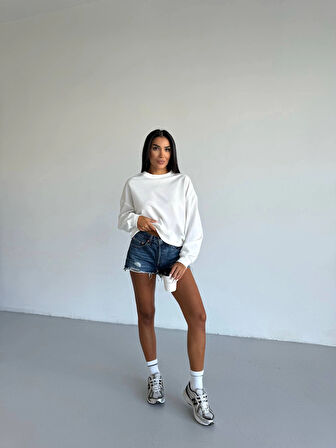 BİÇOMİ 2 iplik bisiklet yaka sweat beyaz f2339