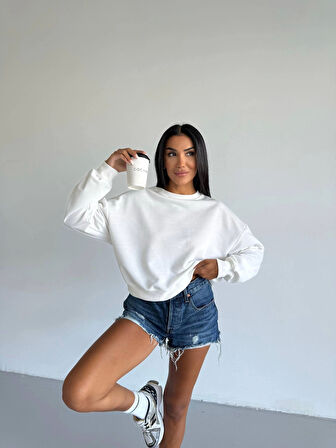 BİÇOMİ 2 iplik bisiklet yaka sweat beyaz f2339