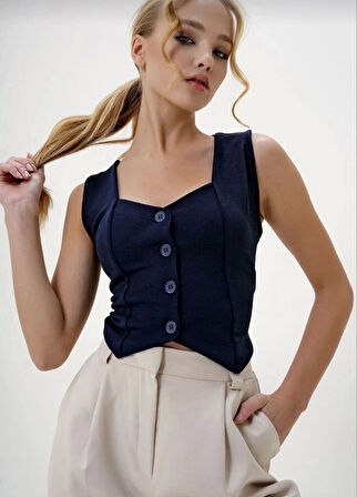 BİÇOMİ Krep kumaş düğmeli yelek lacivert s3395