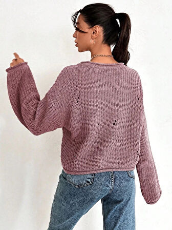 BİÇOMİ Salaş delik detaylı kazak pembe