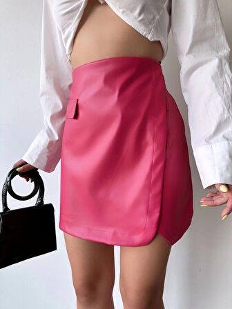 BİÇOMİ Cep detaylı oval kapaklı deri etek fuşya h240048