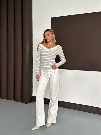 BİÇOMİ V yaka kol ve yaka düğmeli bluz gribeyaz A4047