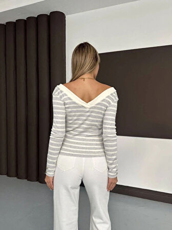 BİÇOMİ V yaka kol ve yaka düğmeli bluz gribeyaz A4047