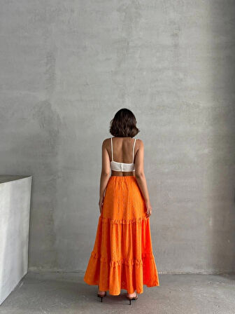 BİÇOMİ Fırfırlı brodeli astarlı uzun etek turuncu s255047
