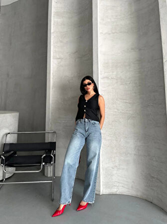 BİÇOMİ Palazzo straight kar yıkama jeans pantolon mavi d2008