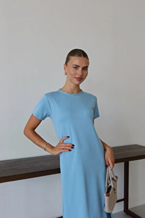 BİÇOMİ Modal yırtmaçlı elbise mavi pt