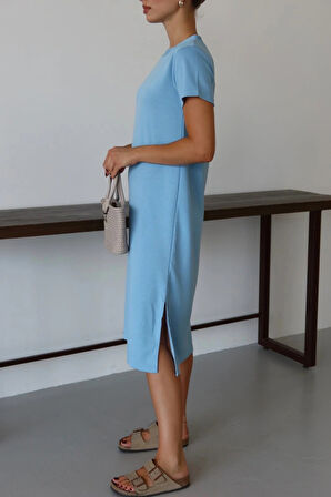 BİÇOMİ Modal yırtmaçlı elbise mavi pt