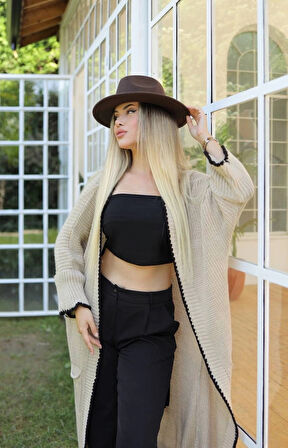 BİÇOMİ Uzun hırka çoban dikiş bej