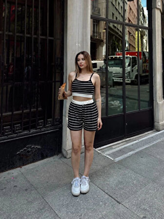 BİÇOMİ Çizgili şortlu takım siyah s3978